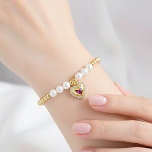 3/$35 Gold Plated Stretch Heart Charm Bracelet Copper Pearl Beads Cubic Zirconia